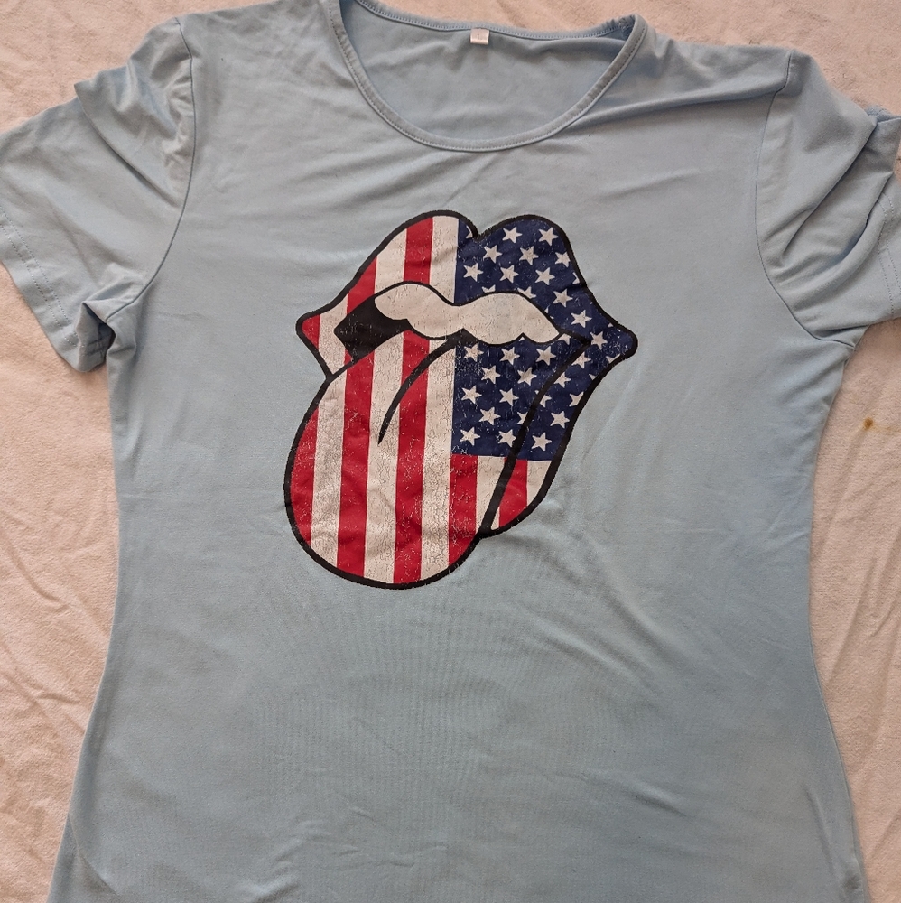 the Rolling Stones Baby Blue Tee With Patriotic Stars And Stripes Lip Logo Large
